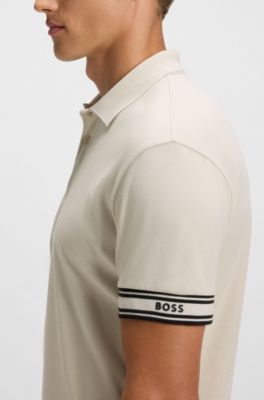 Slim-fit polo shirt in cotton with striped cuffs, Natural