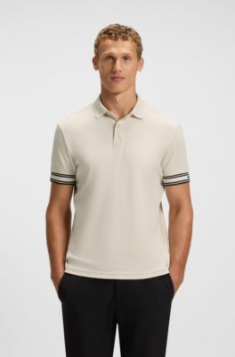 Slim-fit polo shirt in cotton with striped cuffs, Natural