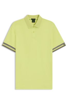 Slim-fit polo shirt in cotton with striped cuffs, Light Green