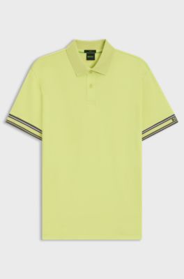 Slim-fit polo shirt in cotton with striped cuffs, Light Green