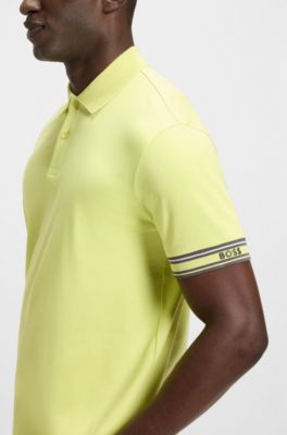 Slim-fit polo shirt in cotton with striped cuffs, Light Green