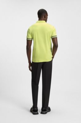 Slim-fit polo shirt in cotton with striped cuffs, Light Green