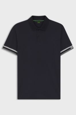 Slim-fit polo shirt in cotton with striped cuffs, Dark Blue