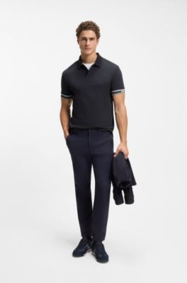 Slim-fit polo shirt in cotton with striped cuffs, Dark Blue