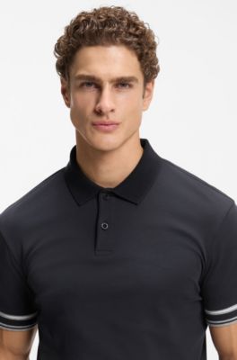 Slim-fit polo shirt in cotton with striped cuffs, Dark Blue