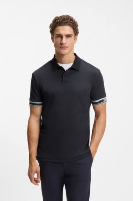 Slim-fit polo shirt in cotton with striped cuffs, Dark Blue