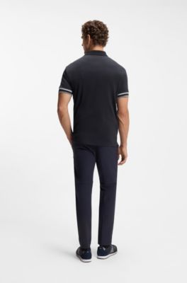 Slim-fit polo shirt in cotton with striped cuffs, Dark Blue