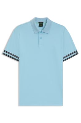 Slim-fit polo shirt in cotton with striped cuffs, Light Blue