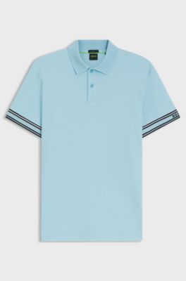 Slim-fit polo shirt in cotton with striped cuffs, Light Blue