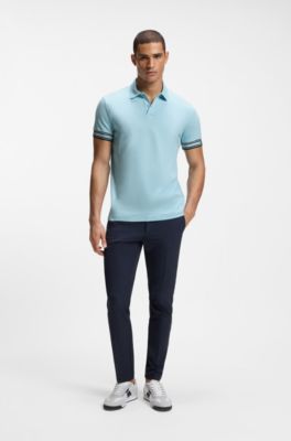 Slim-fit polo shirt in cotton with striped cuffs, Light Blue