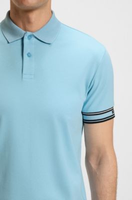 Slim-fit polo shirt in cotton with striped cuffs, Light Blue