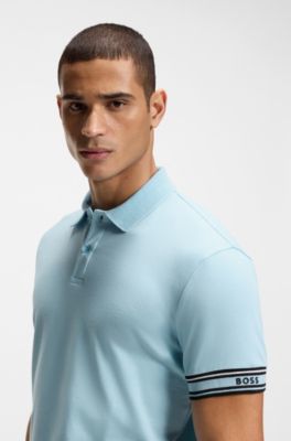 Slim-fit polo shirt in cotton with striped cuffs, Light Blue