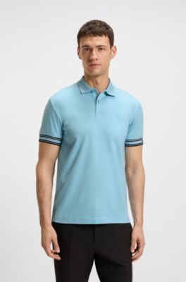 Slim-fit polo shirt in cotton with striped cuffs, Light Blue
