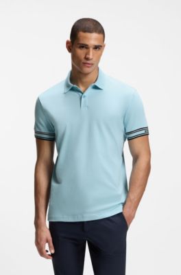 Slim-fit polo shirt in cotton with striped cuffs, Light Blue