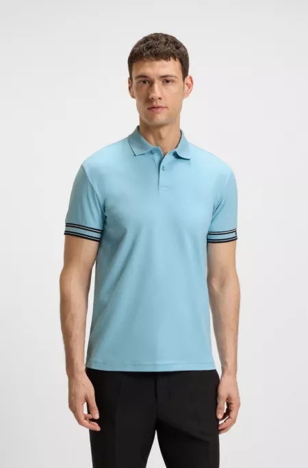 Slim-fit polo shirt in cotton with striped cuffs
