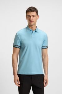 Slim-fit polo shirt in cotton with striped cuffs, Light Blue