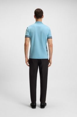 Slim-fit polo shirt in cotton with striped cuffs, Light Blue