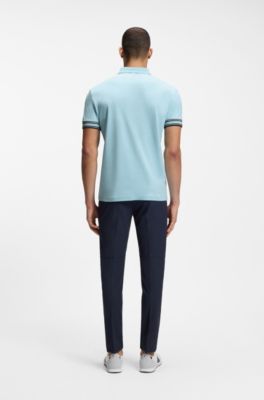 Slim-fit polo shirt in cotton with striped cuffs, Light Blue