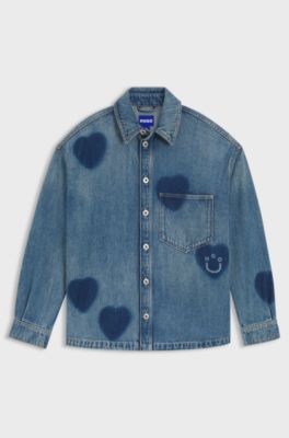 Rigid-denim jacket with printed hearts, Blue