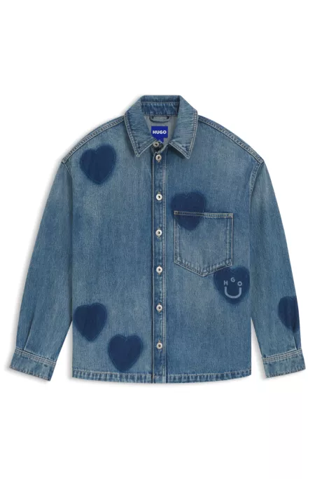 Rigid-denim shirt with printed hearts