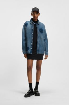 Rigid-denim jacket with printed hearts, Blue