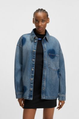 Rigid-denim jacket with printed hearts, Blue