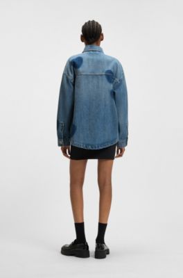 Rigid-denim jacket with printed hearts, Blue