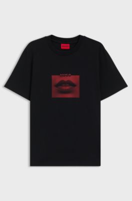 Cotton-jersey T-shirt with lip artwork, Black
