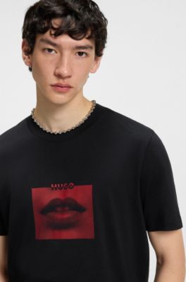 Cotton-jersey T-shirt with lip artwork, Black