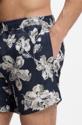 Quick-dry swim shorts with all-over print, Dark Blue
