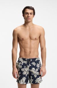 Quick-dry swim shorts with all-over print, Dark Blue