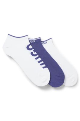 Three-pack of ankle socks with logos, White / Blue