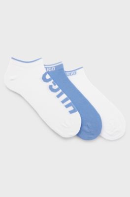 Three-pack of ankle socks with logos, White / Blue