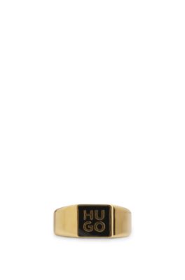 Stacked-logo signet ring with enamel insert, Gold tone
