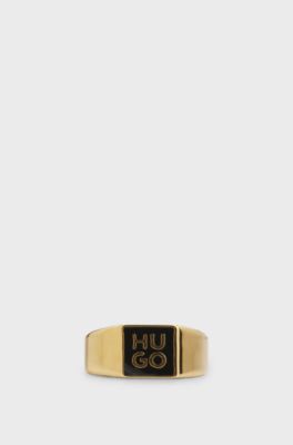 Stacked-logo signet ring with enamel insert, Gold tone