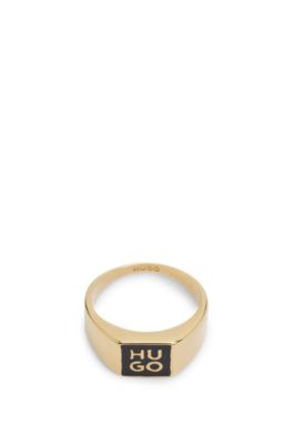 Stacked-logo signet ring with enamel insert, Gold tone