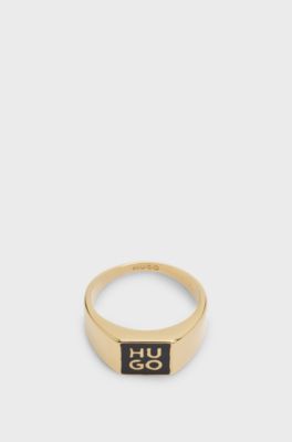 Stacked-logo signet ring with enamel insert, Gold tone