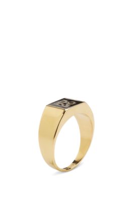 Stacked-logo signet ring with enamel insert, Gold tone