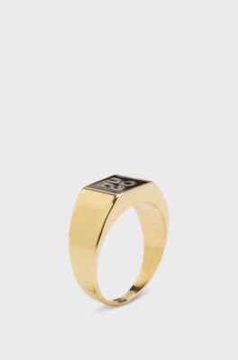 Stacked-logo signet ring with enamel insert, Gold tone