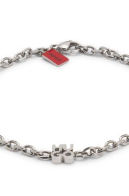 Chain cuff with stacked-logo plaque, Silver tone