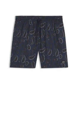 Paisley-print swim shorts with rubber logo, Dark Blue