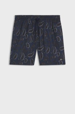Paisley-print swim shorts with rubber logo, Dark Blue