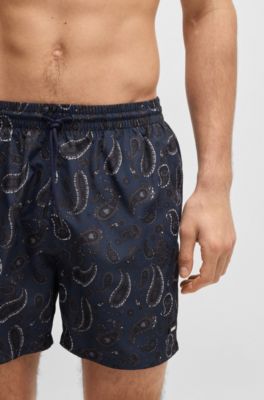 Paisley-print swim shorts with rubber logo, Dark Blue