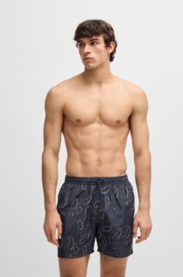 Paisley-print swim shorts with rubber logo, Dark Blue