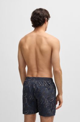 Paisley-print swim shorts with rubber logo, Dark Blue