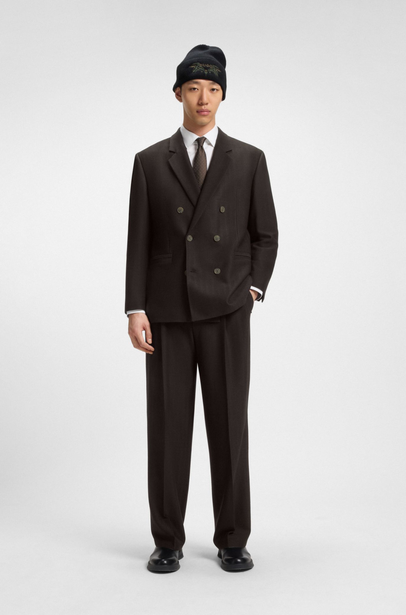 HUGO - Modern-fit trousers in herringbone stretch dobby - Brown