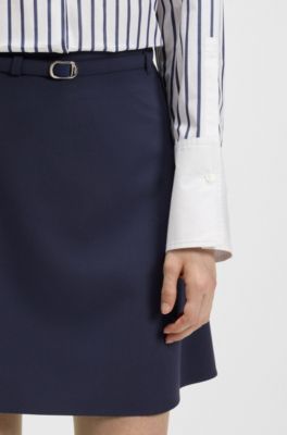 Gonna a trapezio a vita alta con cintura con fibbia, Blu scuro