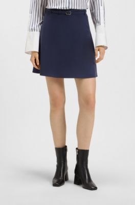High-waisted A-line skirt with buckled belt, Dark Blue