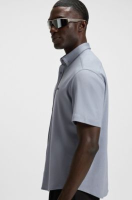 Regular-fit shirt in dynamic cotton jersey, Dark Grey