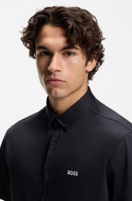 Regular-fit shirt in dynamic cotton jersey, Dark Blue